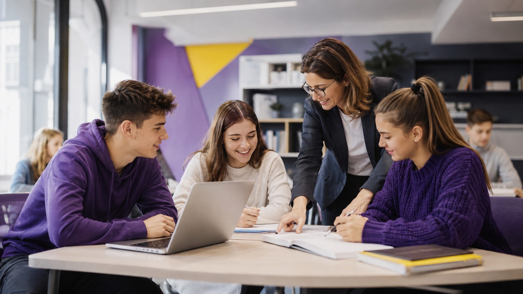 Students and a teacher collaborating in a modern classroom
