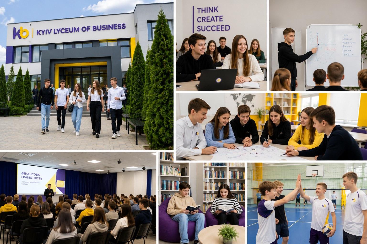Collage of school life, classroom activities, presentations, reading, and sports